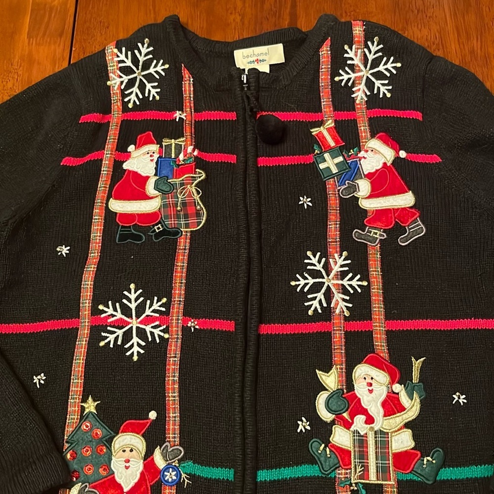 Bechamel Christmas Holiday Santa Full Zip Cardigan Sweater Women's Large